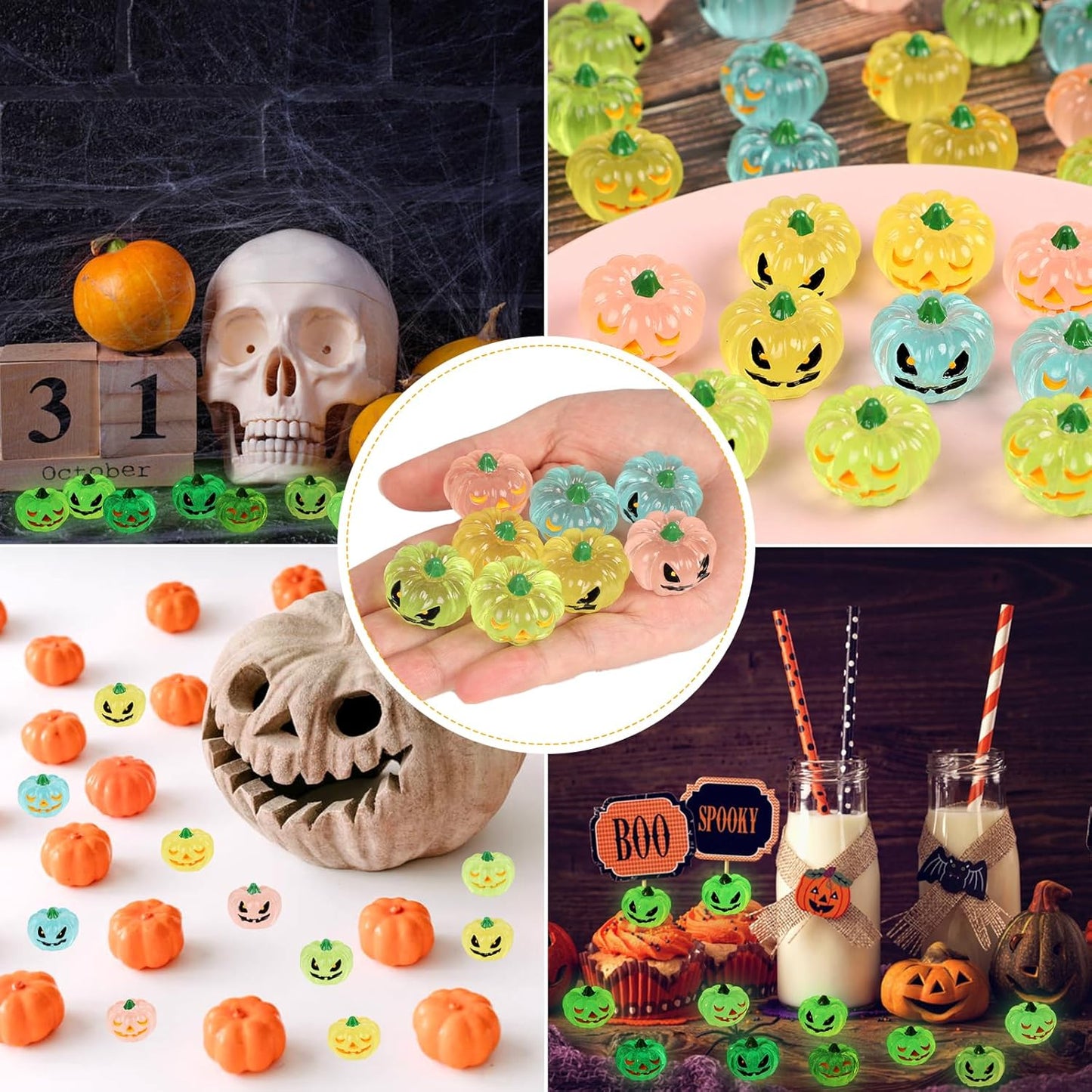 STEFORD 56 Pcs Luminous Resin Pumpkins, Halloween Miniature Figurines Glow in The Dark Mini Tiny Plastic Fake Pumpkin Bulk for Decorating Outside Outdoor DIY Crafts Home Fairy Garden Dollhouse Decor
