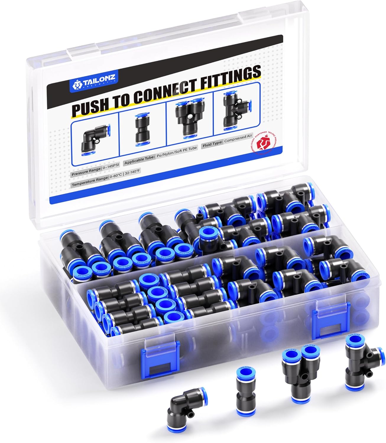 TAILONZ PNEUMATIC 1/4 Inch od Push to Connect Fittings Pneumatic Fittings Kit 20 Spliters+20 Elbows+20 tee+20 Straight (80 pcs)