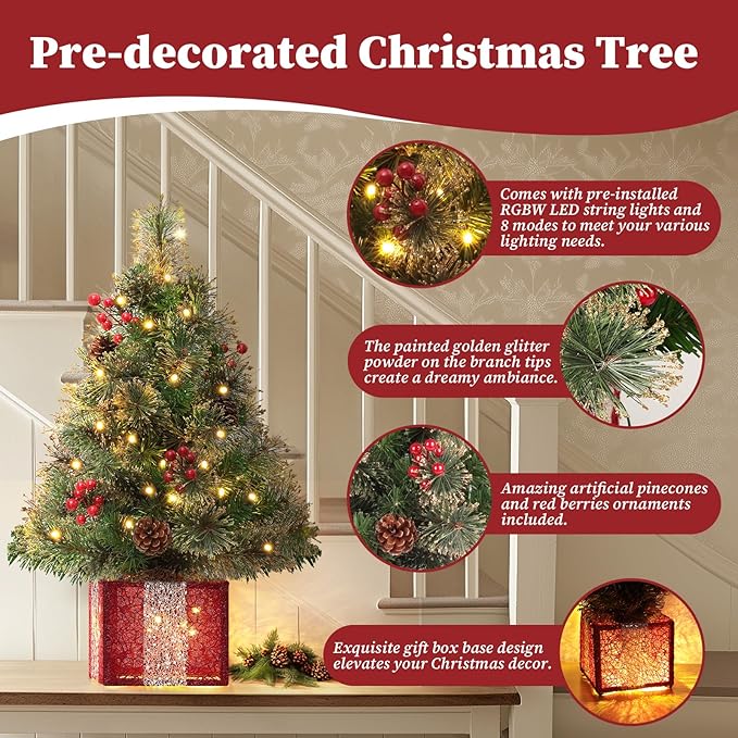 Mini Christmas Tree with Lights, 2 Foot Tabletop Christmas Trees with Gift Box Base&Ornaments, Easy Setup Artificial Xmas Trees, Twinkling Tiny Christmas Tree Battery Powered for Bedroom