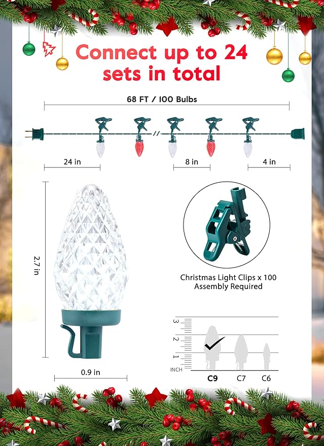 C9 LED Christmas Lights Outdoor, 68 Feet 100 LED Strawberry String Lights With 100 Spring Clamps, Waterproof Commercial Grade Extendable for Outside Roofline Patio Home Xmas Decoration, Red & White