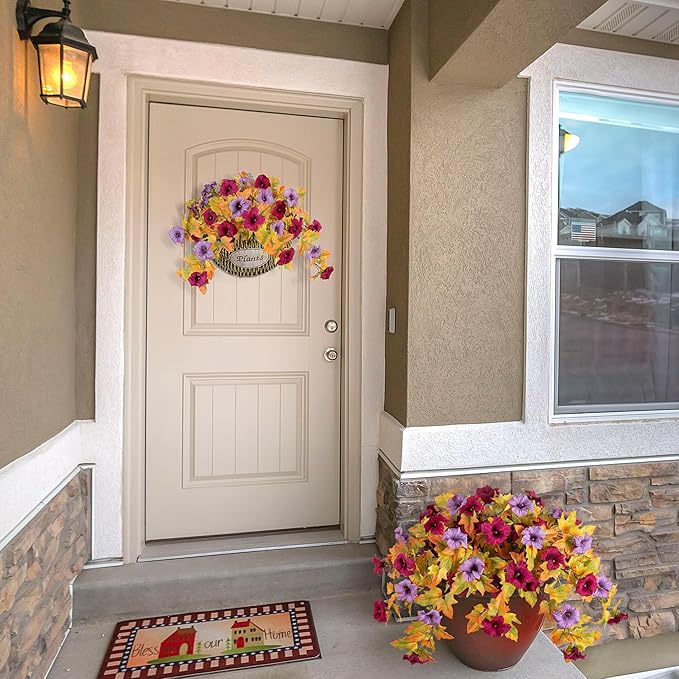 Artificial Fall Flowers Fake Petunias Plants for Outdoor Decoration, 2 Pcs Silk Faux Flowers UV Resistant No Fade Plants for Garden Balcony Yard Porch Realistic Indoor Decor (Burgundy Purple)