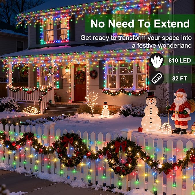 810 LED Christmas Lights with 180Drops, 82ft 12 Modes Multicolor Fairy String Lights with Timer Dimmable, Waterproof Twinkle Lights for Christmas Indoor Outdoor Holiday Wedding Party Eaves Decorations