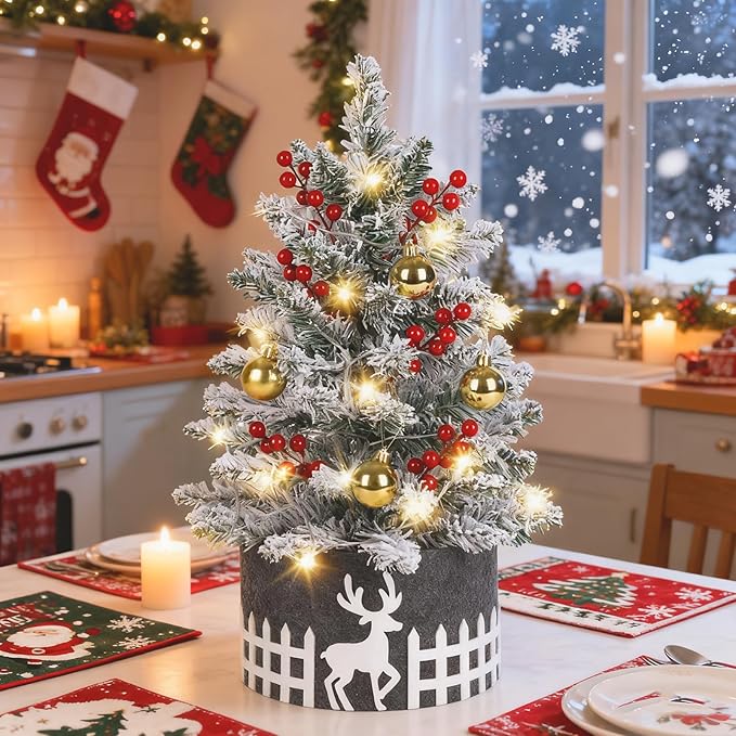 2FT Snow Flocked Mini Christmas Tree with Lights, Pre-Lit Small Christmas Tree for Home, Artificial Xmas Tree for Office, Shop, Bar, Party, Indoor Outdoor Decoration (Battery Not Included)