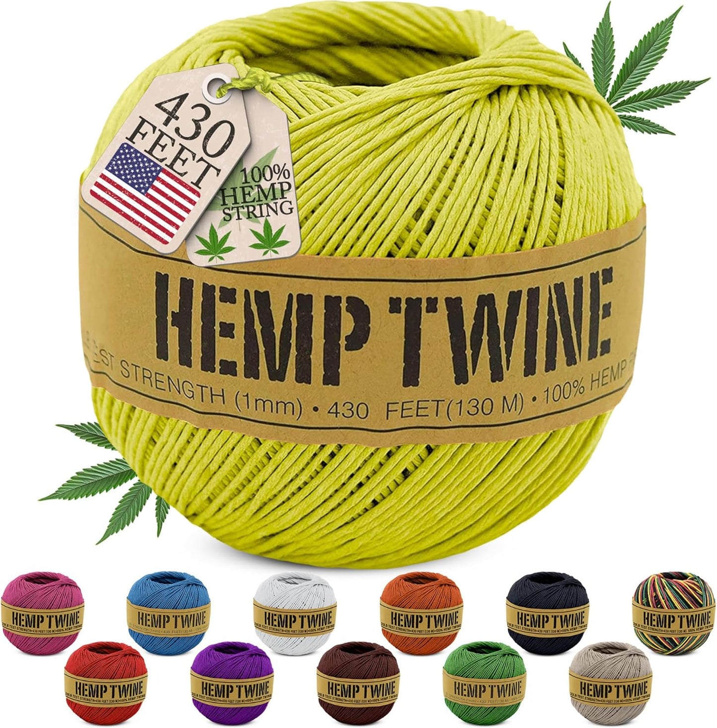 Hemp Twine for Gardening - Twine for Crafts - Organic Natural Hemp String for Jewelry Making - Strong Durable Cord for Decoration, Macrame + Cooking - 1MM, 100G/430 Ft. - 20 lb. Test Strength - Yellow