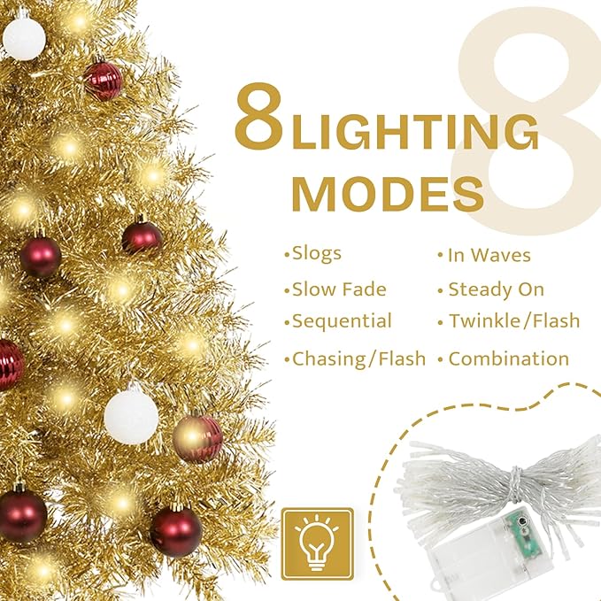 Sunshine Champagne Christmas Tree with Light 3ft Artifical Full Christmas Tree with Ball & Star Ornaments 8 Lighting Modes for Holiday Decor