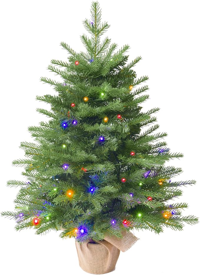 3FT Pre-lit Artificial Small Mini Christmas Tree with Warm White Multi-Color LED Lights, Remote Control and Timer, Perfect for Xmas Tabletop Decorations, Home, Kitchen, Dining Table top Green