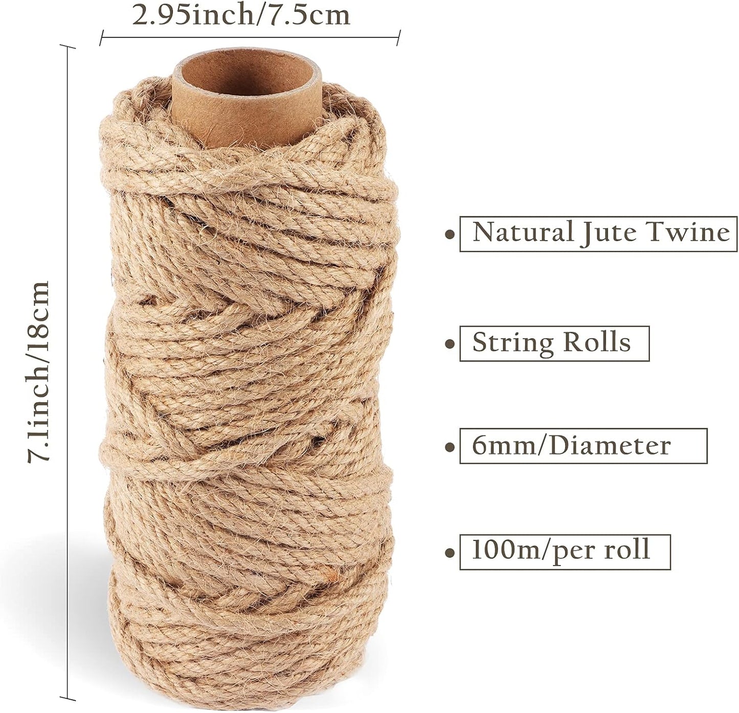 Natural Jute Twine Rope (1.5mm/2mm/3mm/6mm) Durable String for Handmde Crafts,Gardening Applications,Home Gardening,Cat Scratching Post,Gift Packaging... (6mm*82ft)