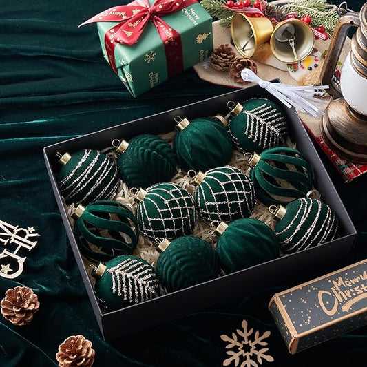 Christmas Ball Ornaments, Green Xmas Decor, 12-Pcs Hand-Painted Shatterproof Decor Set, Multi-Color Christmas Tree Decorations, Perfect for Holiday Decor