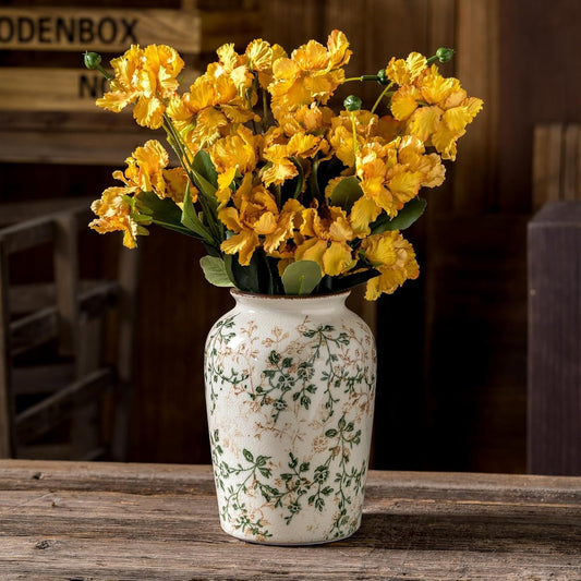 Vintage Pastoral Green and Beige Vase, Round Ceramic Floral Vases, Retro Ice Cracked Chinoiserie Vase for Home Decor, Living Room, Bookshelf, Office, Rustic Table Centerpiece 7.8 Inch