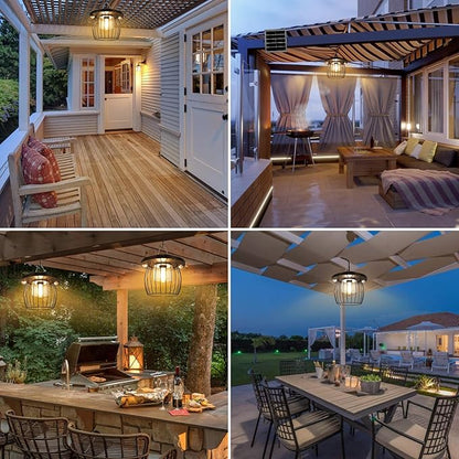 Solar Shed Lights with 2 Motion Sensors, Classic Metal Solar Chandelier Outdoor with 5 Lighting Modes, Waterproof Pendant Lamp with Remote Control for Gazebo, Garden, Patio, Barn(16.4FT Cord, 2 Pack)