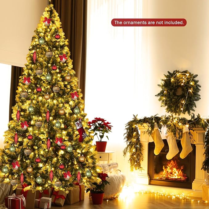 Happygrill 9ft Pre-lit Snowy Christmas Tree Pre-Strung Xmas Decoration Tree with 900 Warm White LED Lights & 2058 PVC Tips, 8 Lighting Modes, Hinged Artificial Tree for Residential Commercial Use