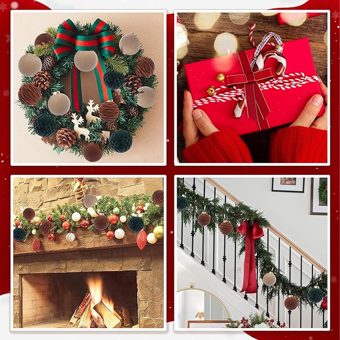 Festiva Christmas Tree Ornaments Velvet Balls - 12 Pcs Neutral/Brown/Green Shatterproof Christmas Tree Ornaments Velvet Balls, for Xmas Wedding Party Holiday Decorations (Gift Box)