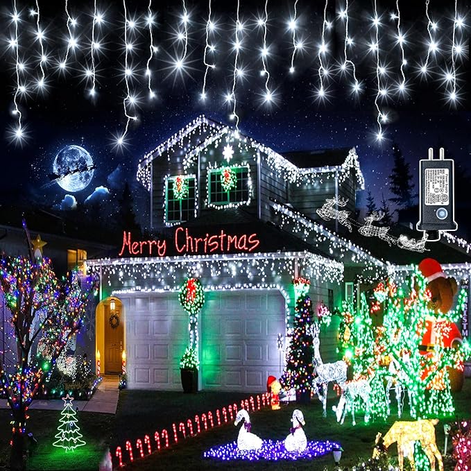 Icicle Christmas Lights Outdoor - 66ft 640 LED Icicle Lights for Outside 8 Modes with 120 Drops, Waterproof Plug in Fairy String Lights for Party Holiday Wedding Christmas Decoration, Cool White