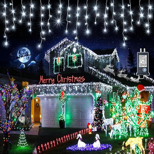 Icicle Christmas Lights Outdoor - 66ft 640 LED Icicle Lights for Outside 8 Modes with 120 Drops, Waterproof Plug in Fairy String Lights for Party Holiday Wedding Christmas Decoration, Cool White