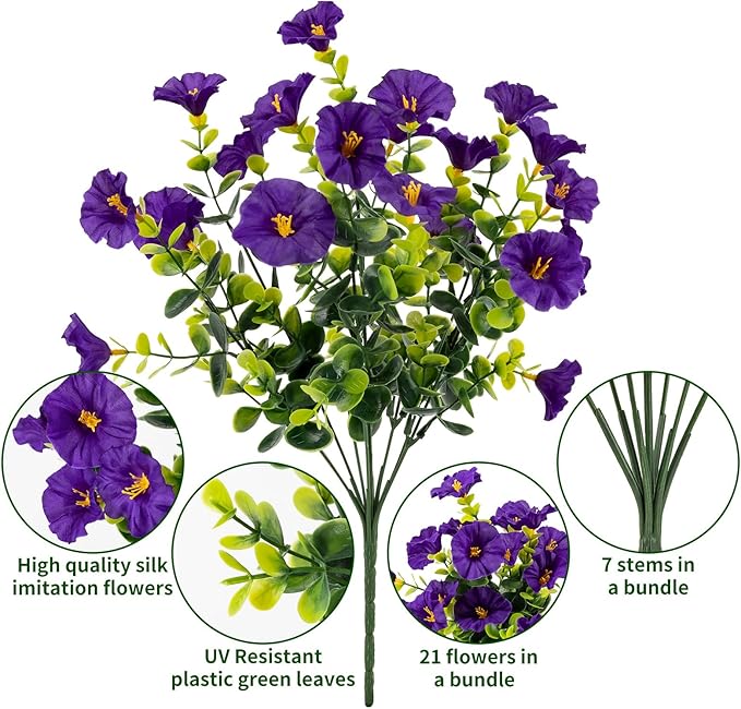 Lnoicy Artificial Flowers for Outdoor 12 Bundles Eucalyptus Fake Flowers for Planter,UV Resistant Fake Morning Glory for Home/Porch/Garden Decoration（Purple）