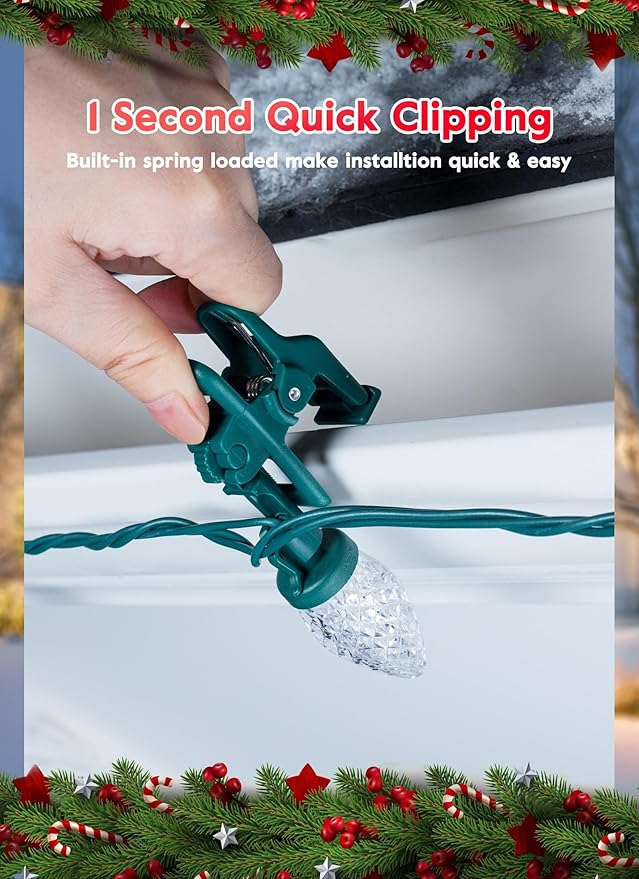 C9 LED Christmas Lights Outdoor, 68 Feet 100 LED C9 String Light with 100 Spring Clips, Waterproof Connectable Christmas Tree Lights for Outside Roofline Patio Home Xmas Decor, Red & Pure White