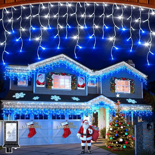 504 LED Christmas Lights with 112 Drops, 50ft 12 Modes Blue and White Fairy String Lights with Timer Dimmable, Waterproof Twinkle Lights for Indoor Outdoor Holiday Wedding Party Eaves Yard Yard Decor