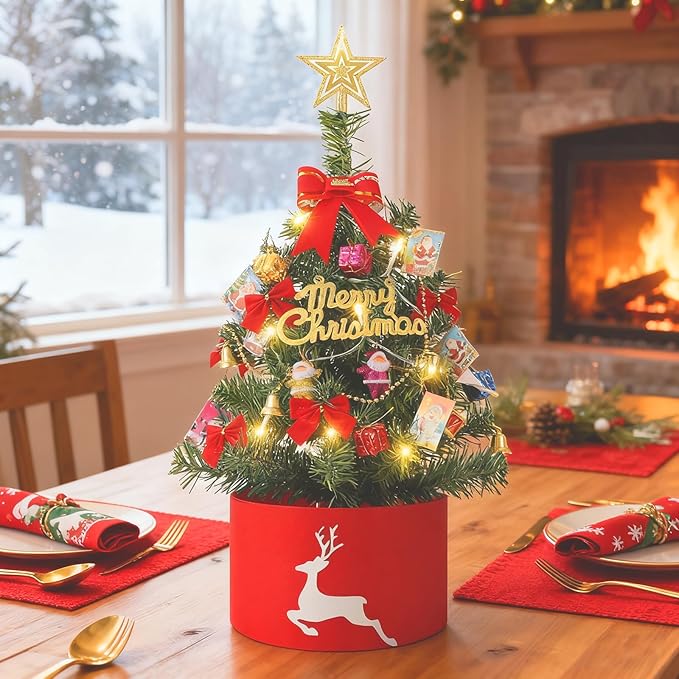 2FT Mini Christmas Tree with Lights, Pre-Lit Artificial Christmas Tree with Tree Skirt & Star Topper, Green Tabletop Xmas Tree for Home, Office, Bedroom, Party Decor (Battery Not Included)