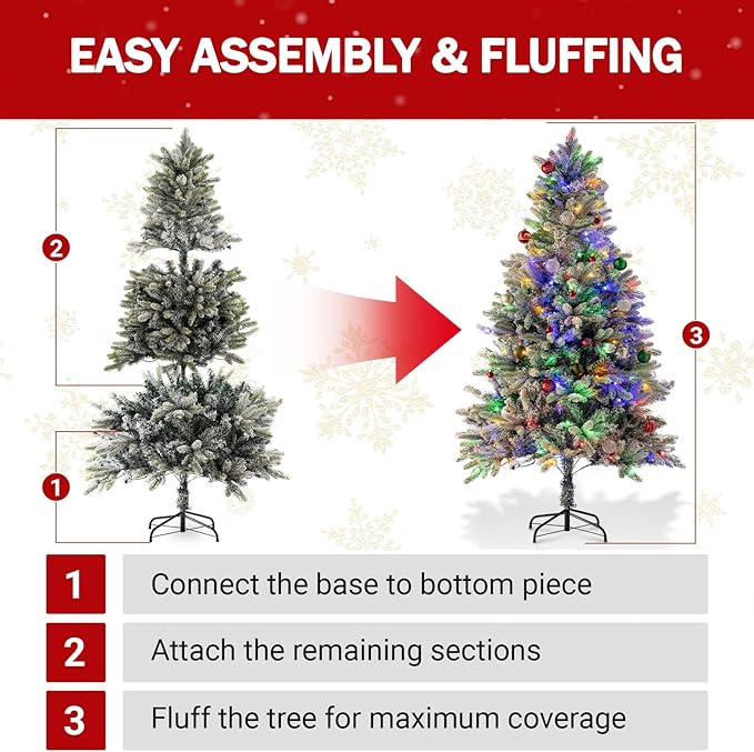 6ft Prelit Green Artificial Christmas Tree with 200 Multi-Color LED, 4 Color 8 Mode, Flocked Hinged Xmas Tree with 1000 Realistic Branche, Easy Assembly for Home Office Holiday Decoration