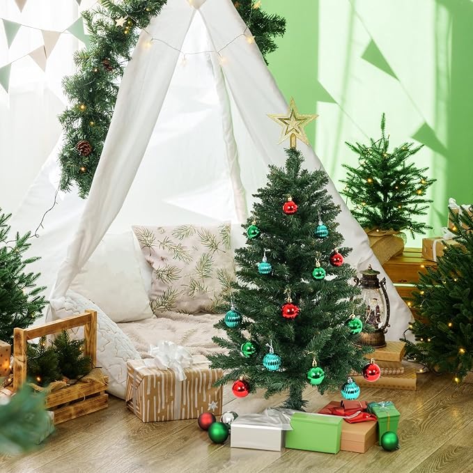 Sunshine Green Christmas Tree with Light 3ft Artifical Full Christmas Tree with Ball & Star Ornaments 8 Lighting Modes for Holiday Decor