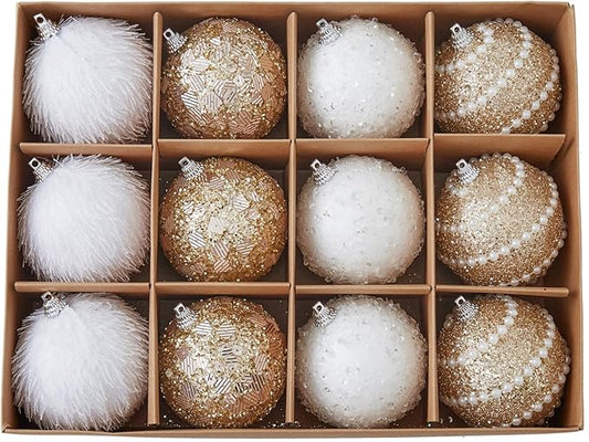 Champagne Gold Christmas Ball Ornaments, Christmas Ball Decorations Shatterproof Plastic Hanging Pearl Balls for Holiday Party(70mm/2.76", 12ct)