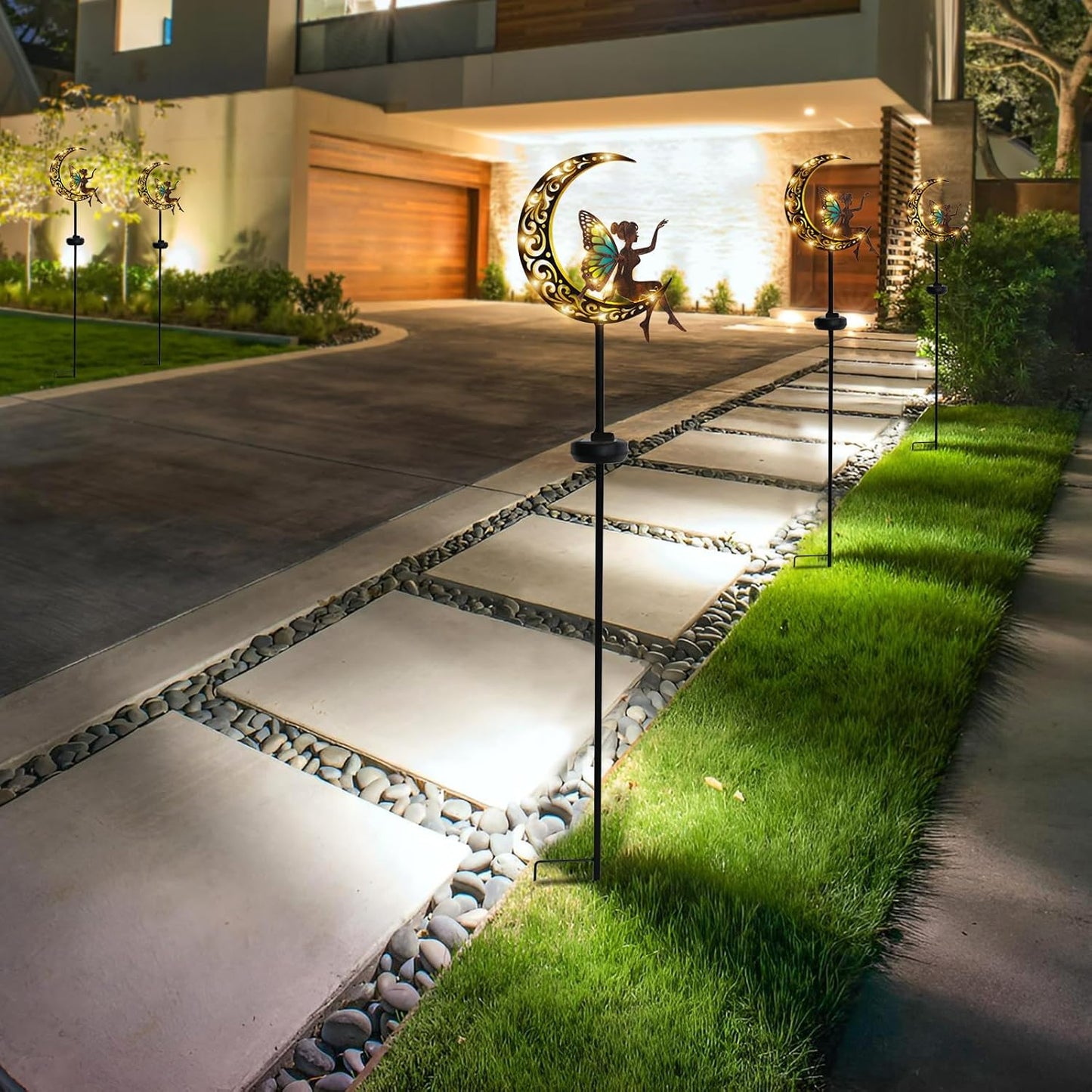 Bshine Moon Solar Light Outdoor Garden Decoration,2 Pack Moon Fairy Garden Statue Outdoor Decor,Metal Waterproof Light Stake for Patio, Path, Yard and Lawn Ornament, Housewarming Gift for Mom