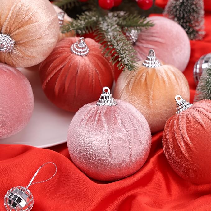 Woration 9pcs Velvet Fabric Christmas Decoration Balls 2.36inch Xmas Hanging Ornaments Assorted Light Color Balls for Garlands Tree Wedding Party
