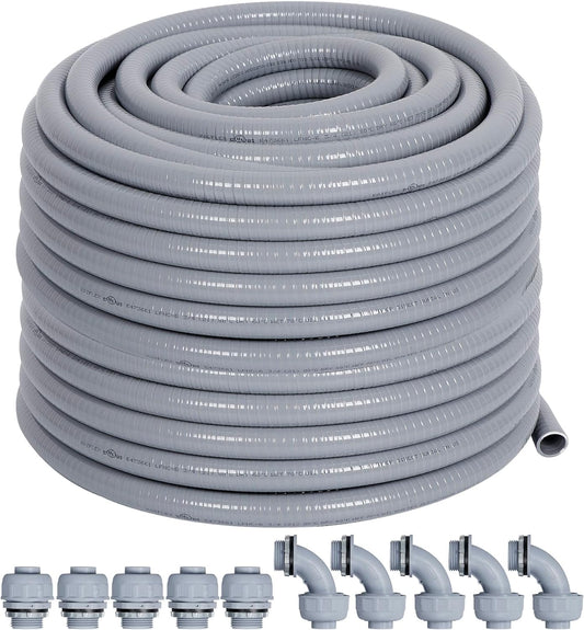 Liquid-Tight Conduit 100 ft and 10 Pieces of Connector Kit, Electrical Conduit 3/4 100ft w/UL Certification, Flexible Conduit with 5 Straight and 5 90-Degree Conduit Connector Fittings