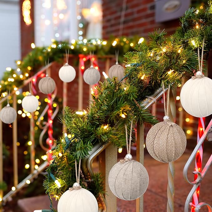 Syhood 12 Pcs Rustic Christmas Ball 2.36 Inch Neutral Farmhouse Christmas Tree Ornaments Shatterproof Hanging Cottage Burlap Fabric Textured Ball for Xmas Tree Party Garlands Wreath Home Decor