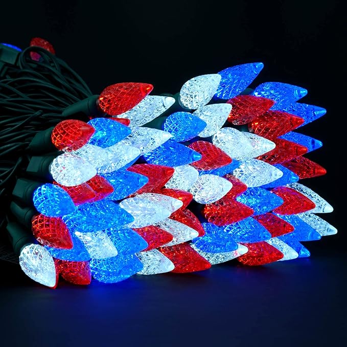 YULETIME Red White Blue One-Piece C6 Strawberry Christmas Lights 140 Count 71 Feet, 2 Sets 70 LED 35.5 ft High Waterproof UL Certified String Light (Red, White & Blue)