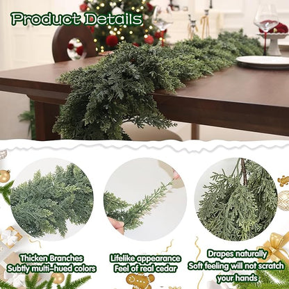 Artificial Cedar Garland for Christmas Decoration - Realistic Winter Greenery Garland for Mantel, Fireplace, Table, Door, Holiday Indoor Outdoor Decor 6FT