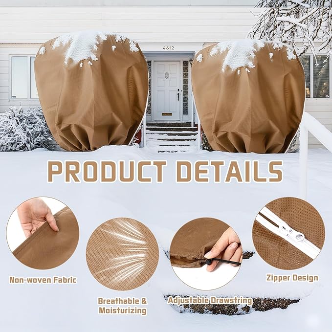 4 Pcs Plant Covers Freeze Protection 2 Size 47" x 32" and 71" x 47" Reusable Plant Protector with Zipper and Drawstring, Winter Bush Covers Freeze Protection from Cold Sun Frost Wind(Brown)