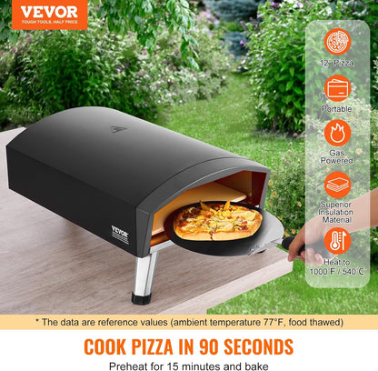 VEVOR Propane Outdoor Pizza Oven, 12 Inch Gas Pizza Maker, Portable Pizza Cooker with Thickened Pizza Stone, Carry Bag, Foldable Leg, Stainless Steel Pizza Oven for Outside Camping & Backyard