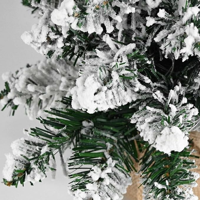24 Inch Snowy Mini Christmas Tree, Small Tabletop Flocked Tree with LED Lights, Pine Cones, Balls, Star Tree Topper, Gift Box and Cloth Bag Base, Xmas Decorations (Christmas Tree)