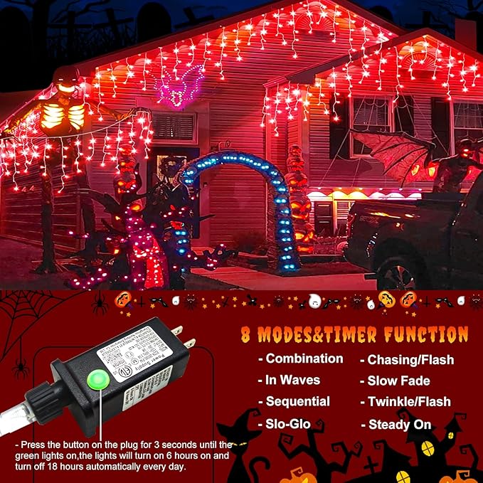 Icicle Lights for Outside, 33ft 400 LED Icicle Christmas Lights Outdoor with 75 Drops 8 Modes, Waterproof Red Christmas Light for House Plug in for Indoor Party Holiday Halloween Decorations
