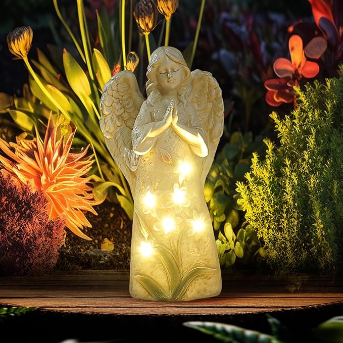 Garden Angel Statues Outdoor Decor 9.6 inches 6 LED Lights Solar Outdoor Sculptures for Outside Yard Art Patio Balcony Front Lawn Ornaments Gifts for Mom Grandma Women