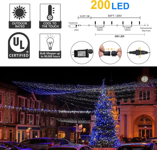 weillsnow Outdoor Christmas Decoration,66 FT 200 LED String Lights with Timer Memory Function,Plug in Waterproof Fairy Lights for Indoor Outdoor Home Room Garden Christmas Party Decor(Blue&White)