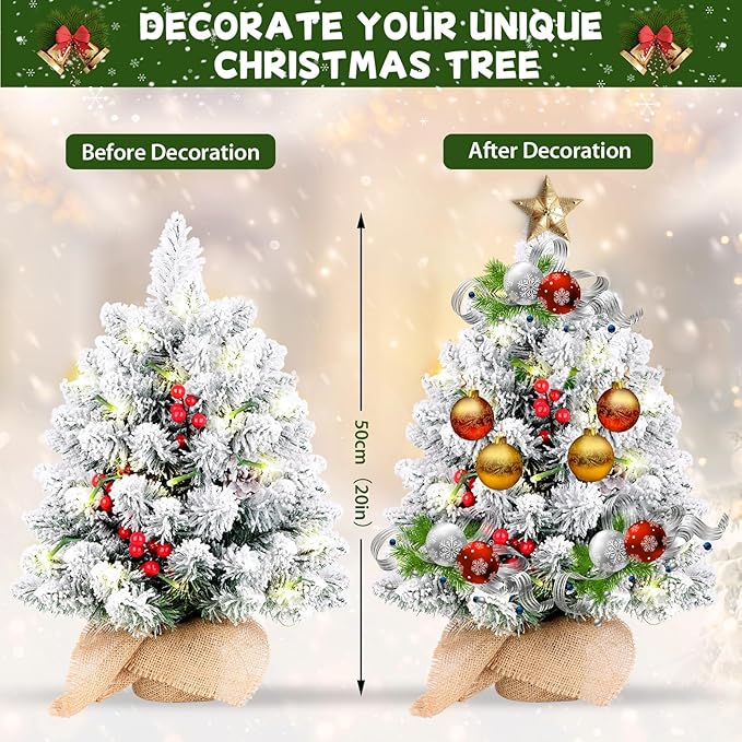 20 Inch Flocked Mini Christmas Tree with Lights, Berries and Cloth Bag Base, Pre-lit Artificial Tree for Tabletop Home Kitchen Livingroom Decoration, White+Green