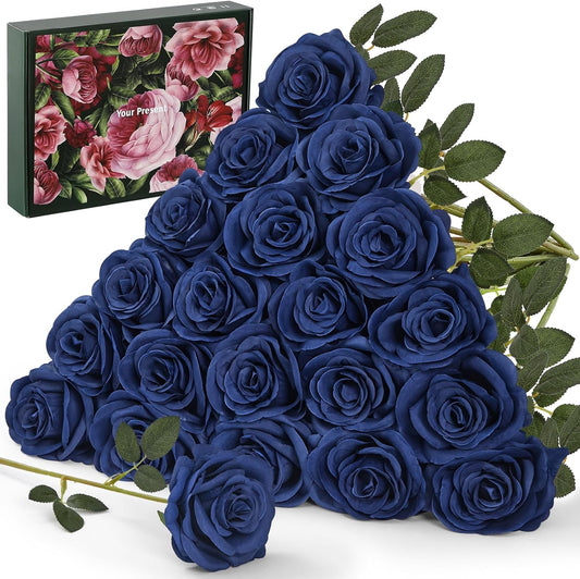20PCS Artificial Dusty Blue Roses, 3.9'' Silk Flower Head Fake Blue Rose with Long Stems, Realistic Faux Roses Bouquet for Mother's Day DIY Wedding Home Party Office Decoration