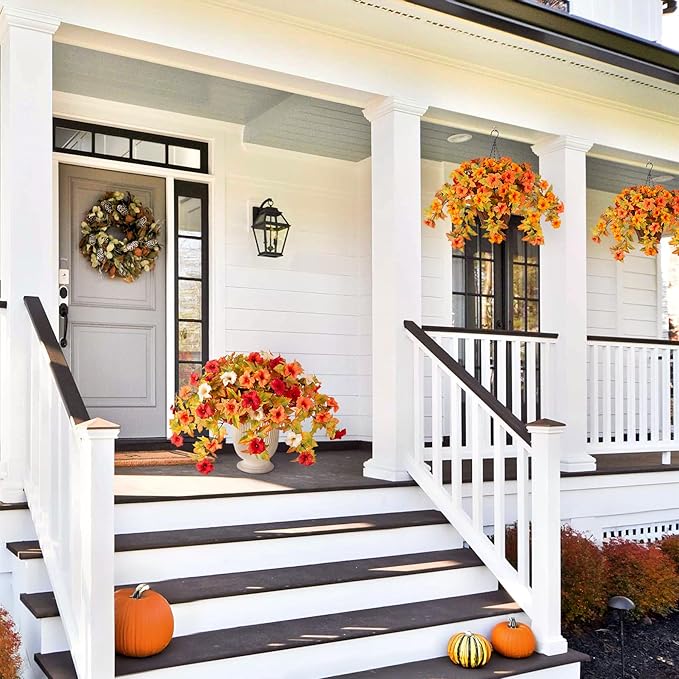 Artificial Fake Fall Flowers with Hanging Basket for Outdoor Decoration, Silk Faux Flowers UV Resistant Fake Plants for Home Porch Patio Garden Window Box Autumn Decor Look Real (Orange)