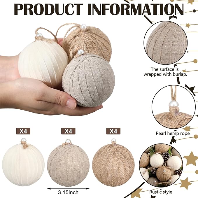 Syhood 12 Pcs Rustic Christmas Ball 3.15 Inch Neutral Farmhouse Christmas Tree Ornaments Shatterproof Hanging Cottage Burlap Fabric Textured Ball for Xmas Tree Party Garlands Wreath Home Decor