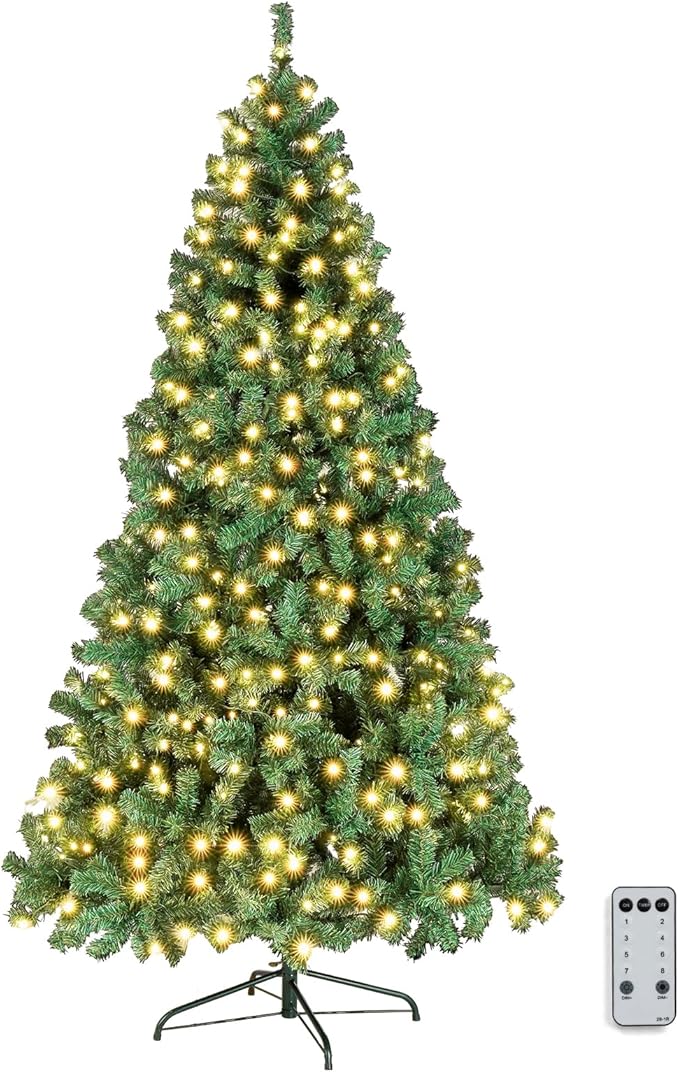 VINGLI 6ft Prelit Artificial Christmas Pine Tree with 250 Warm White Lights, Xmas Tree Holiday Party Decorations with Stabilized Metal Stand, Full 900 Tips Branch, 8 Color Modes, Green