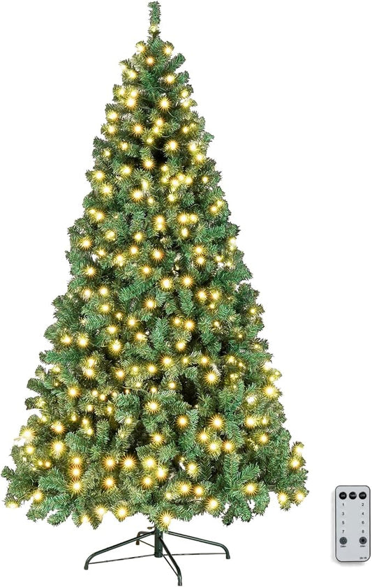 VINGLI 6ft Prelit Artificial Christmas Pine Tree with 250 Warm White Lights, Xmas Tree Holiday Party Decorations with Stabilized Metal Stand, Full 900 Tips Branch, 8 Color Modes, Green