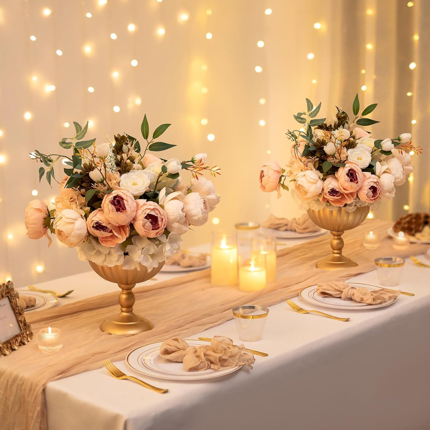 Sziqiqi Gold Urn Vase for Wedding: 7.9in Tall Vases Centrepieces for Table Decorations - Set of 2 Metal Flower Urn Vase for Floral Arrangement - Compote Bowl Vases for Birthday Party Anniversary