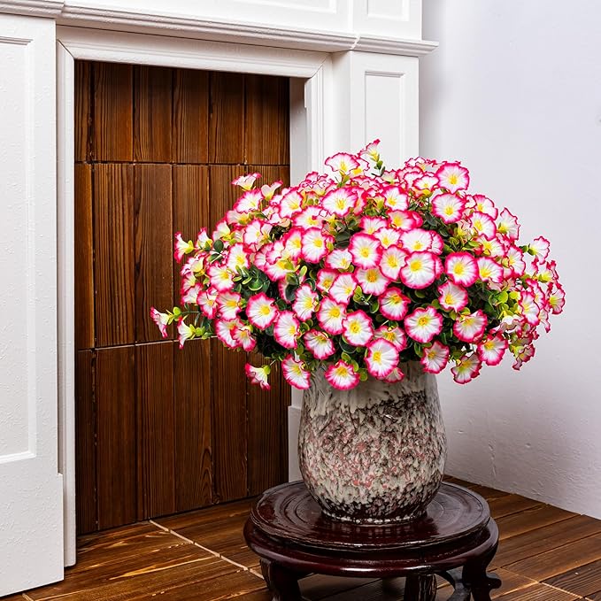 Artificial Faux Flowers for Outdoor 16 Bundles Boxwood Fake Morning Glory for Planter,UV Resistant Fake Flowers for Home Porch Patio Outside（Pink）