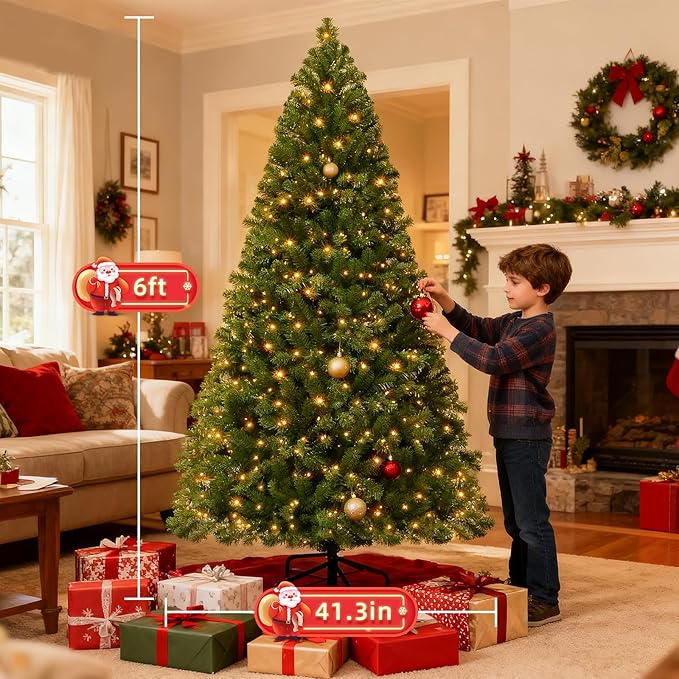 Prelit Christmas Tree 7.5ft, Artificial Christmas Tree with 420 Warm White Lights, 1321 PVC Branch Tips, Metal Stand & Foldable Base - Ideal for Home, Office, Party, or Holiday Decor