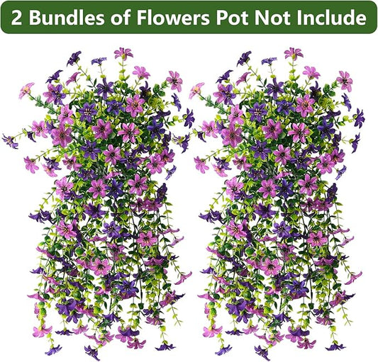 Artificial Hanging Flowers Plants for Outdoor Spring Decoration, 2 PCS Fake Silk Daisy Flower Planter UV Resistant Look Real for Outside Patio Porch Home Summer Decor (Double Purple)