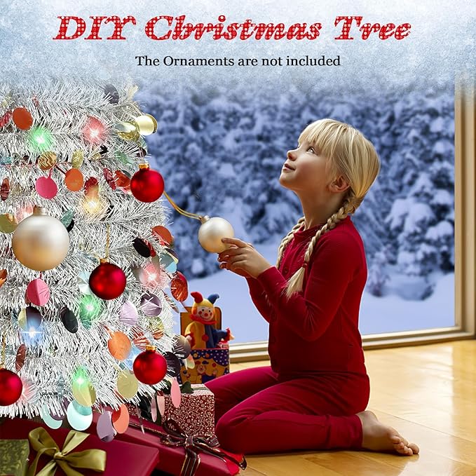 5 FT Pencil Christmas Tree, Collapsible Artificial Sequin Pop Up Christmas Tree, Skinny Pencil Tinsel Christmas Trees, Xmas Tree for Home Apartment Basement Fireplace (Silver Coloured)