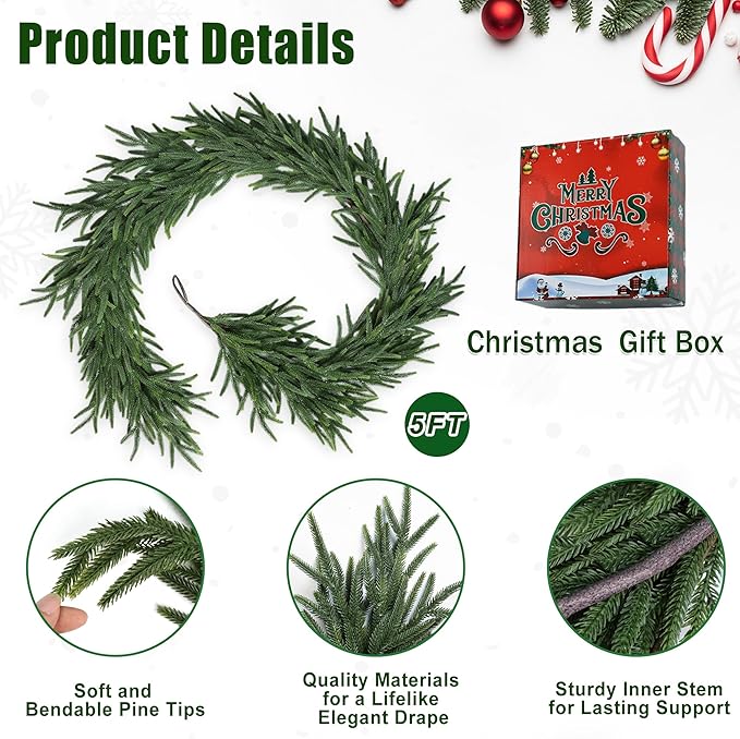 Realistic Thick and Lush Christmas Garland for Mantle Christmas Decorations Indoor Real Touch Artificial Pine Garlands for Stairs Railing Outdoor Fireplace Table Xmas Holiday Decor Winter Greenery 5FT