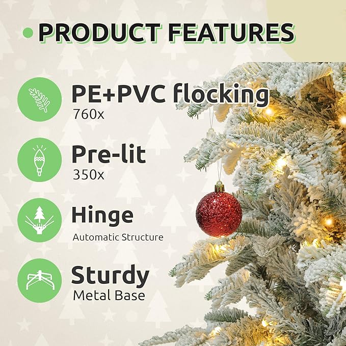 GOOBED 6.5 ft Prelit Snow Flocked Christmas Tree, Layered Spruce Christmas Tree w/ 760 Thickened Branch Tips, 350 Lights and Remote for Home, Office, Restaurant & Commercial Events, White Flocked